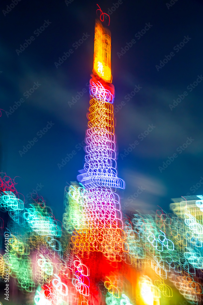 Abstract blurred bokeh of Tokyo Tower at night background