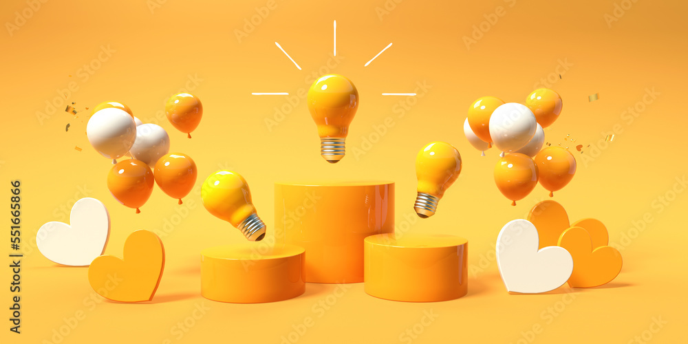 Light bulbs with hearts and balloons - 3D render