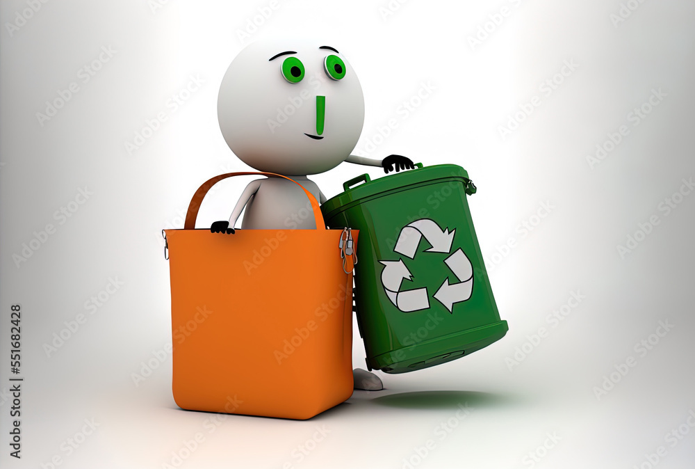 On a white backdrop, a recycle sign with a green garbage can and trash can figure holding an orange 