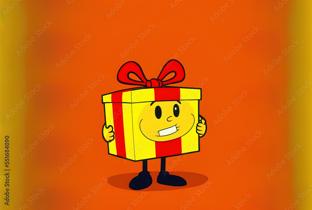 On a yellow backdrop, a figure mascot for a sale or discount is holding a present box with a red rib