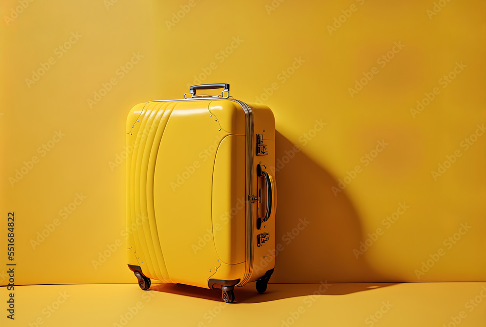 a yellow backdrop with a yellow suitcase. Generative AI