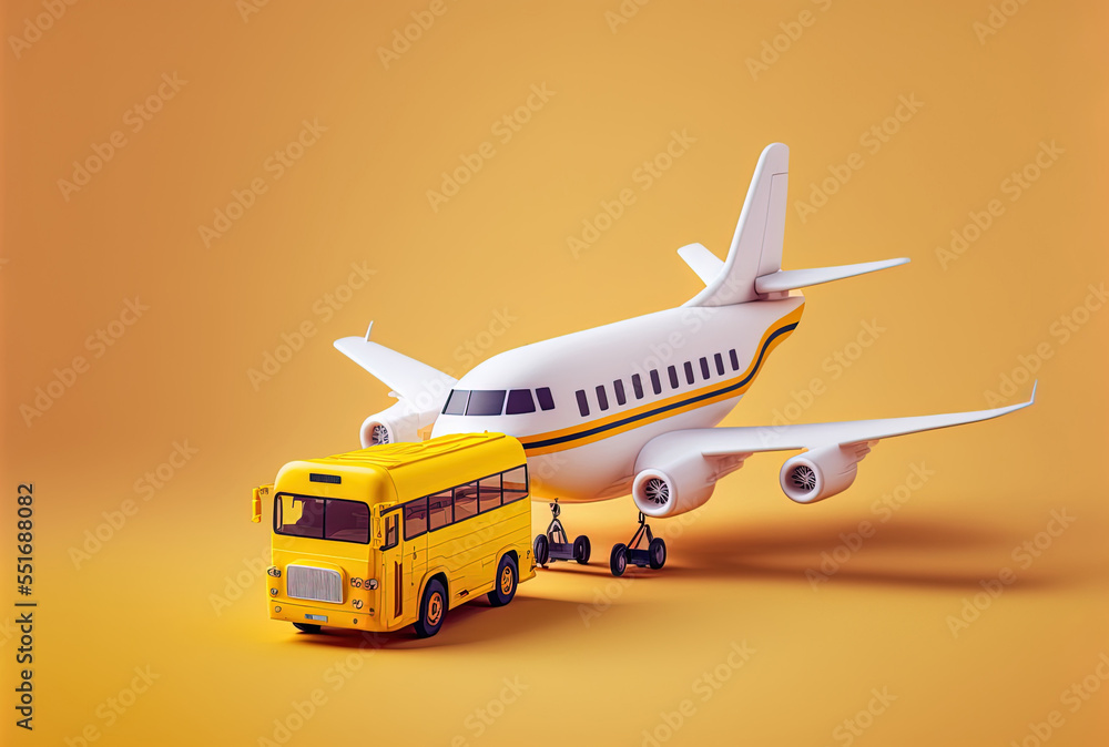 little white plane and bus composition on a yellow background.. Generative AI