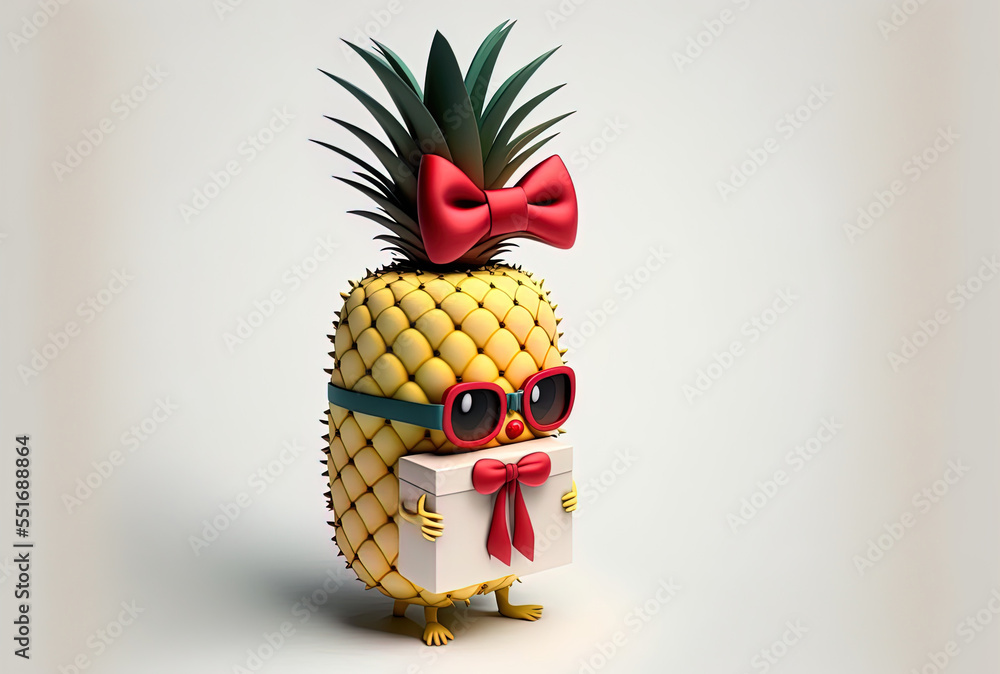 On a white backdrop, a cute cartoon hipster pineapple figure mascot holds a gift box with a red ribb