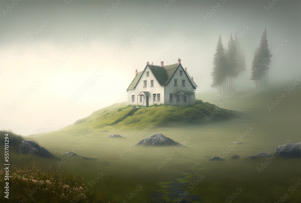 a lonely, small white home in a meadow on a hillside covered with fog. Generative AI