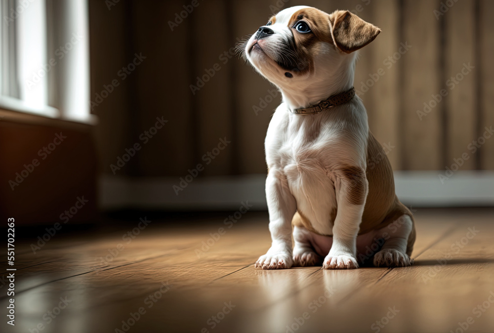 puppy dog sitting on a training pad and gazing upward on a hardwood floor.. Generative AI