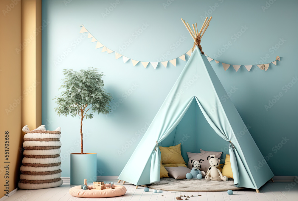 Childrens room mock up wall with a background of a light blue wall and a kids tent. Generative AI