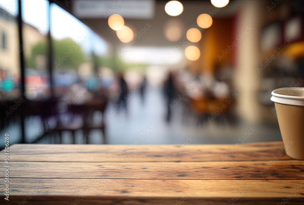 a wooden board table with an empty top against a blurry background. Brown wood table in perspective 