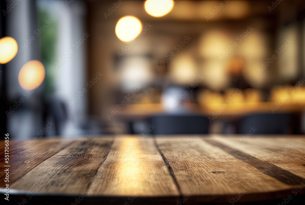 Wood table top with no objects on an abstract, blurry restaurant and cafe background. This image may