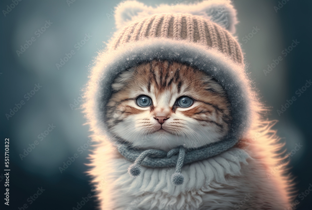 Cute kitten wearing a fur hat in the cold, copy space. Generative AI