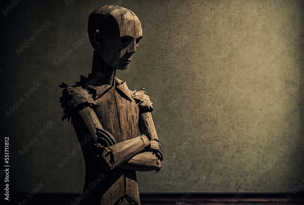 Wood standing expressionless, knowing, arms crossed. Generative AI