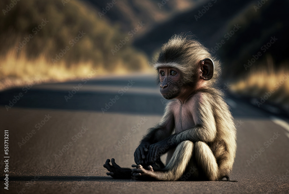 A young baboon monkey is shown in close up resting on a road.. Generative AI