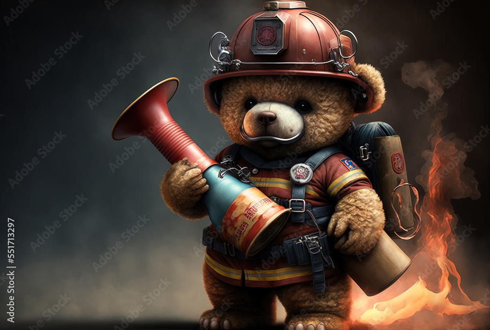 The fire departments mascot is a teddy bear holding a red axe in smoke, a fire extinguisher, and a 