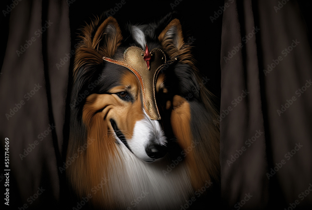 A rough collie is depicted in a dark backdrop in a solitary portrait wearing a carnival mask.. Gener