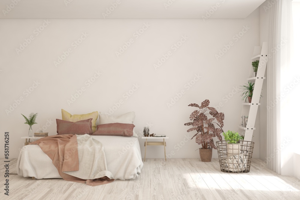 White bedroom interior. Scandinavian design. 3D illustration