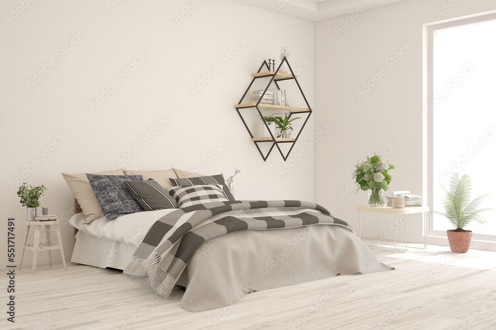 Soft color bedroom interior. Scandinavian design. 3D illustration