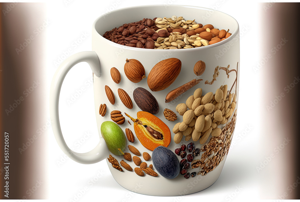 coffee mug filled with various nuts and dry fruits. Generative AI