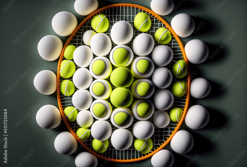 Tennis racquet and balls in top view. Generative AI