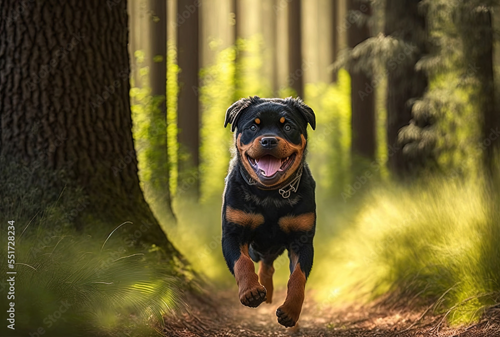 picture of the fearsome and lovely rottweiler puppy galloping through the woods. Generative AI