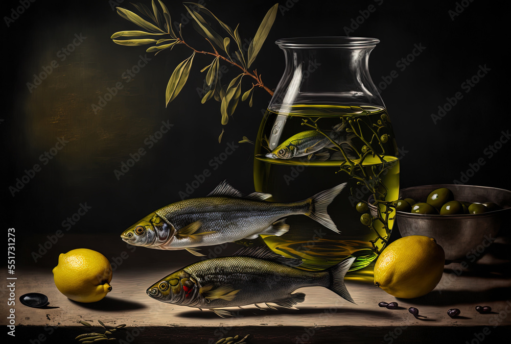 Olives, fish, and oil on a dark surface. Generative AI