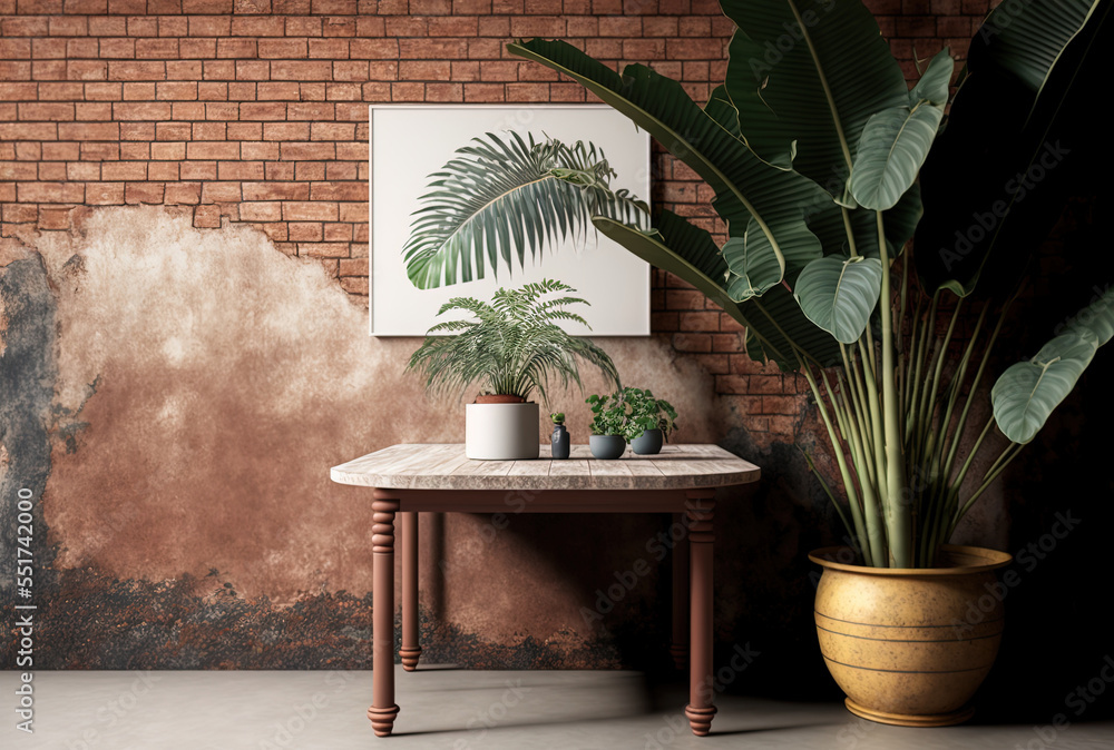 Brick wall and a barren top of a tropical table in mockup. Generative AI