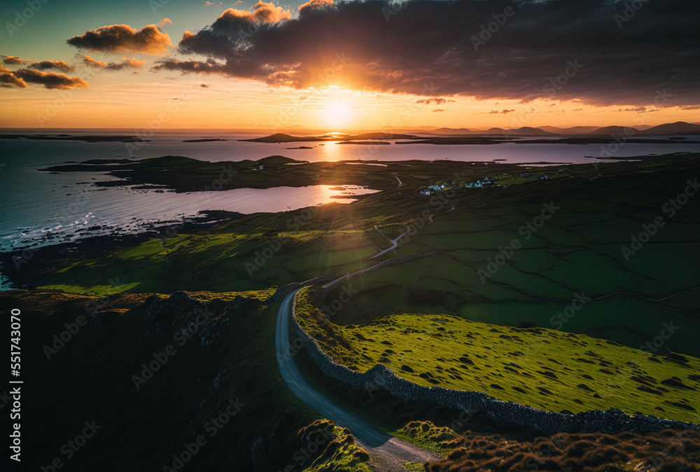 Picture of a sunset with green fields and the ocean taken from Sky Road in Clifden, Ireland.. Genera