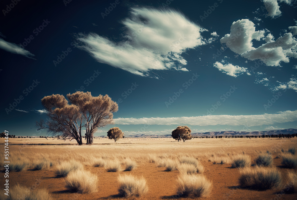 Beautiful photograph of a dry grassy area with distant trees under a clouded blue sky.. Generative A