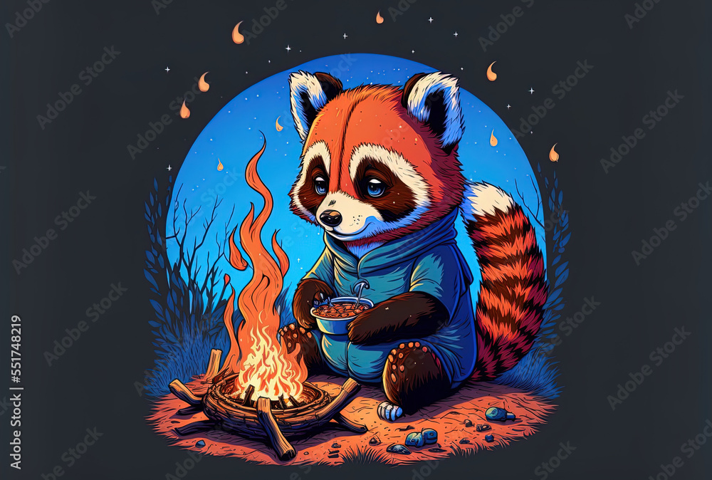 Campfire themed cartoon with a charming red panda as the mascot in a bright blue background.. Genera