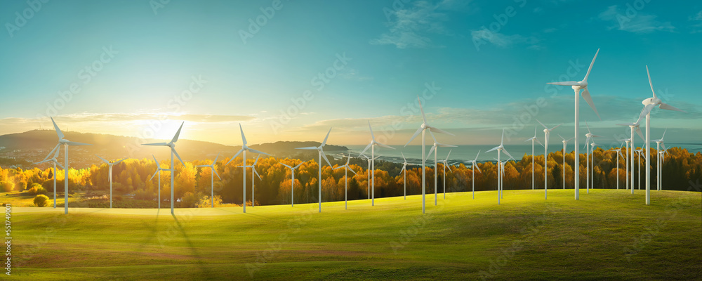 Wind turbines in a field with beautiful landscape