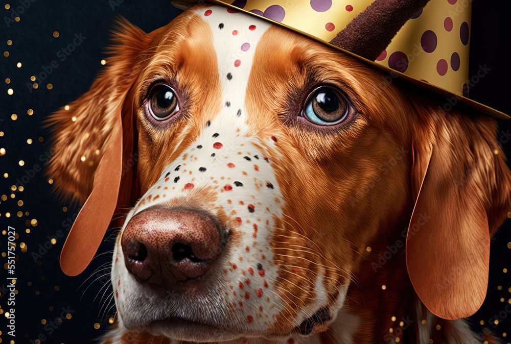 Festive dog hiding in close up, wearing a golden hat with polka dots to mark a birthday, the new yea