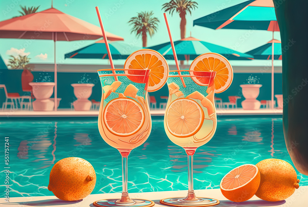 Cocktails with straws and orange slices are displayed poolside.. Generative AI