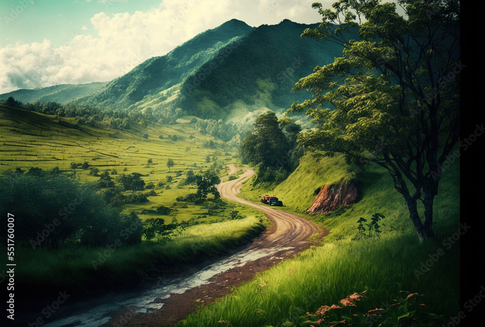 vertical picture of a lush valley and a short rural road. Generative AI