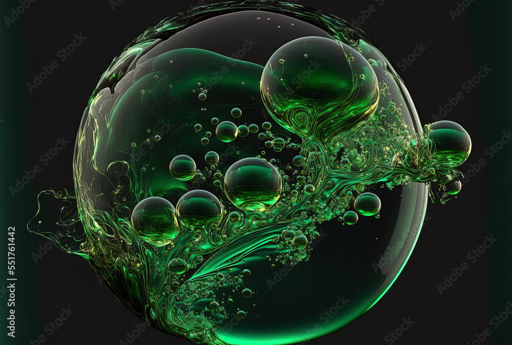 of glass bubble particles or a green organic liquid that is abstract.. Generative AI