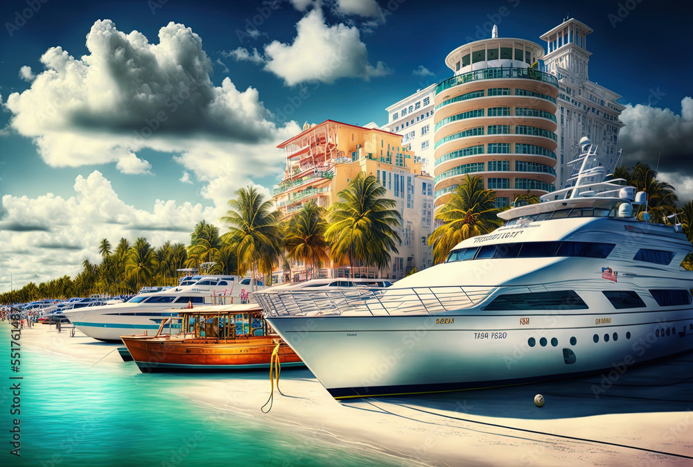 Stunning view of boats and big buildings on South Beach, Miami, Florida. Generative AI