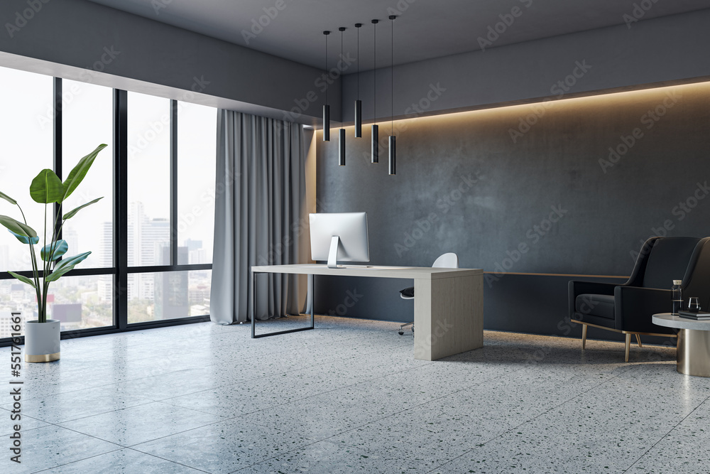 Contemporary concrete office interior with tile floor, furniture, equipment and window with city vie