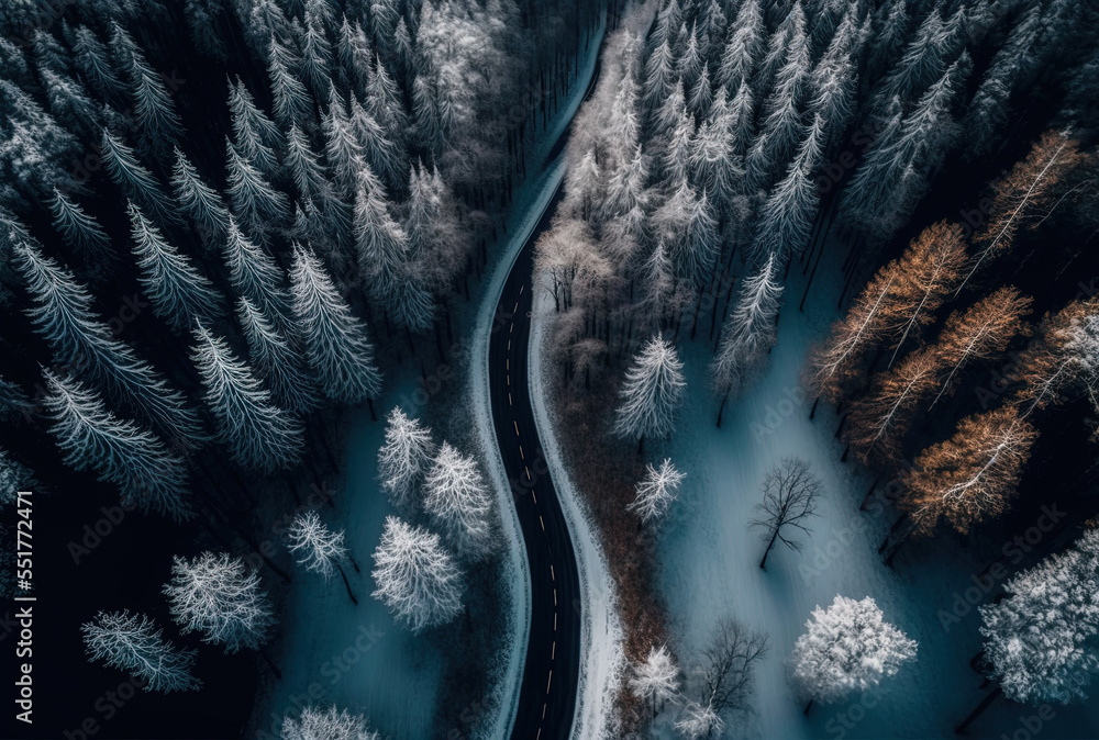 森林中道路的鸟瞰图，积雪和褪色的树木，是壁纸的理想选择。生成人工智能