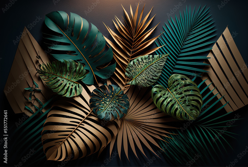 Backdrop made with aesthetic products, palm leaves. Generative AI