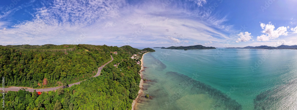 Panorama mountains view with sea surface water background,Amazing sea sun reflections,Aerial flying 