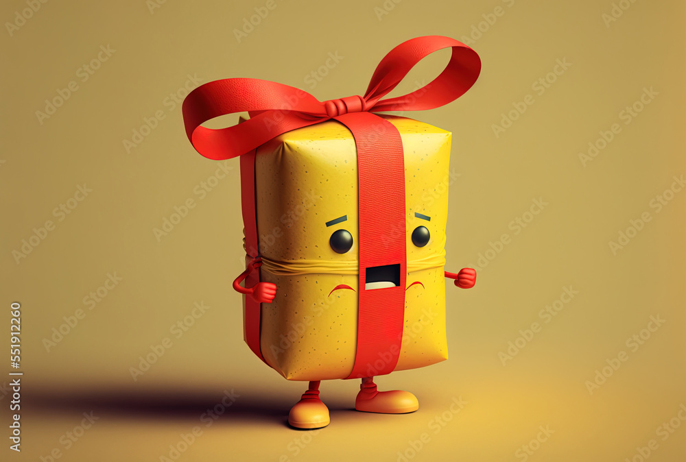 Stack of $100 dollars figure mascot on a yellow backdrop, holding a present package with a red ribbo