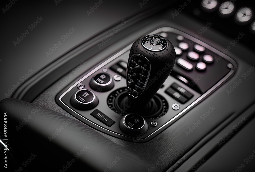 A black cars gearshift and control buttons. Generative AI