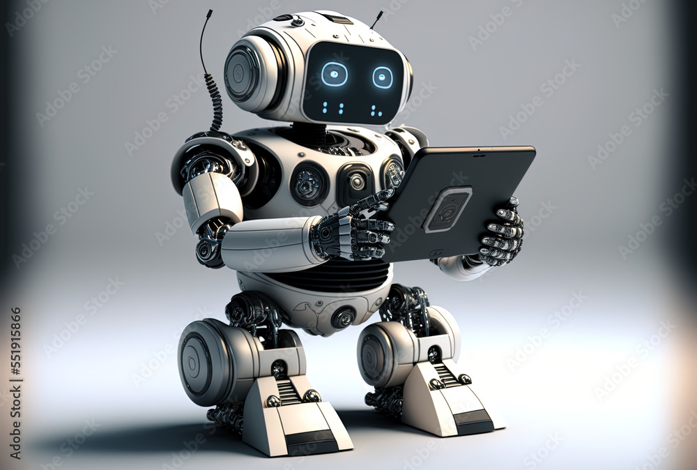 Robot with a cartoon figure that is attractive or artificially intelligent using a tablet. Generativ