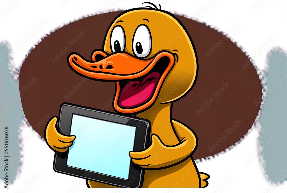 Illustration of a funny duck on a tablet. Generative AI