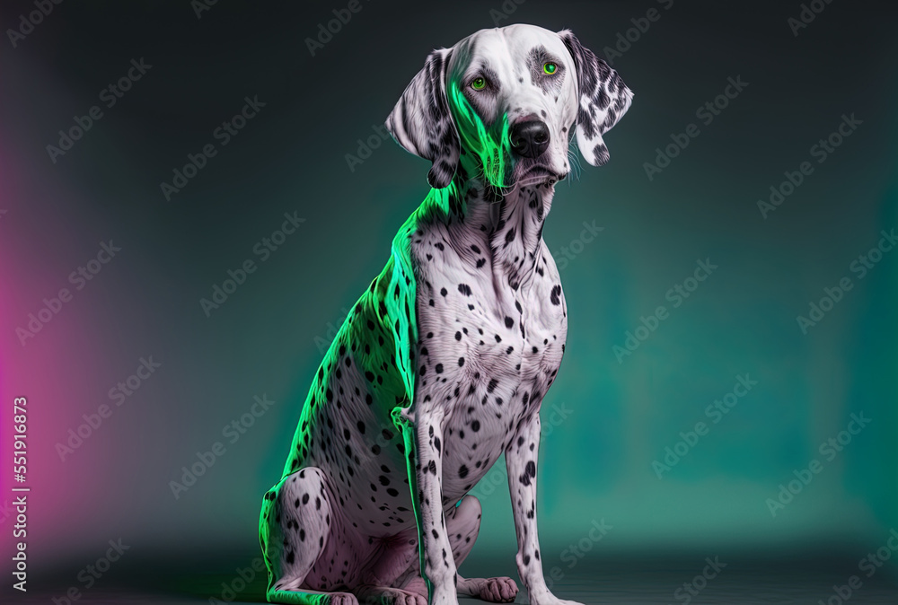 Beautiful Dalmatian dog posed in a studio over a neon lit, gray, pink, and green background. Generat