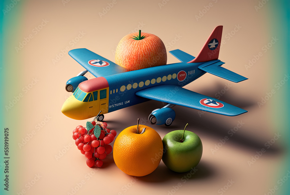 A toy airplane and ripe fruit. Generative AI