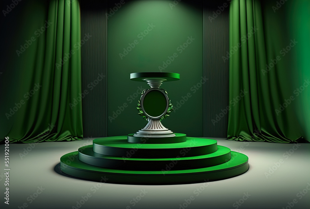 Stage backdrop with green pedestal platform for product display stand. Generative AI