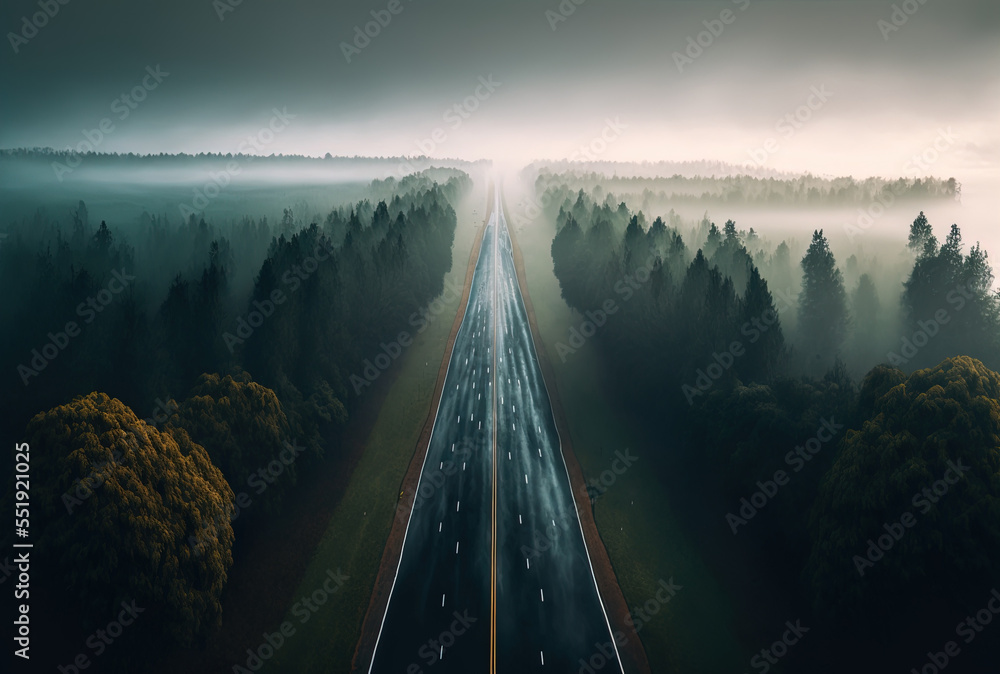 View from above of a wet road with trees lining its sides under a foggy sky. Generative AI