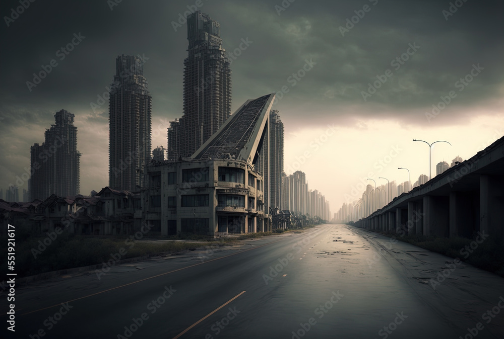 asphalt road in a Chinese contemporary metropolis is deserted. Generative AI