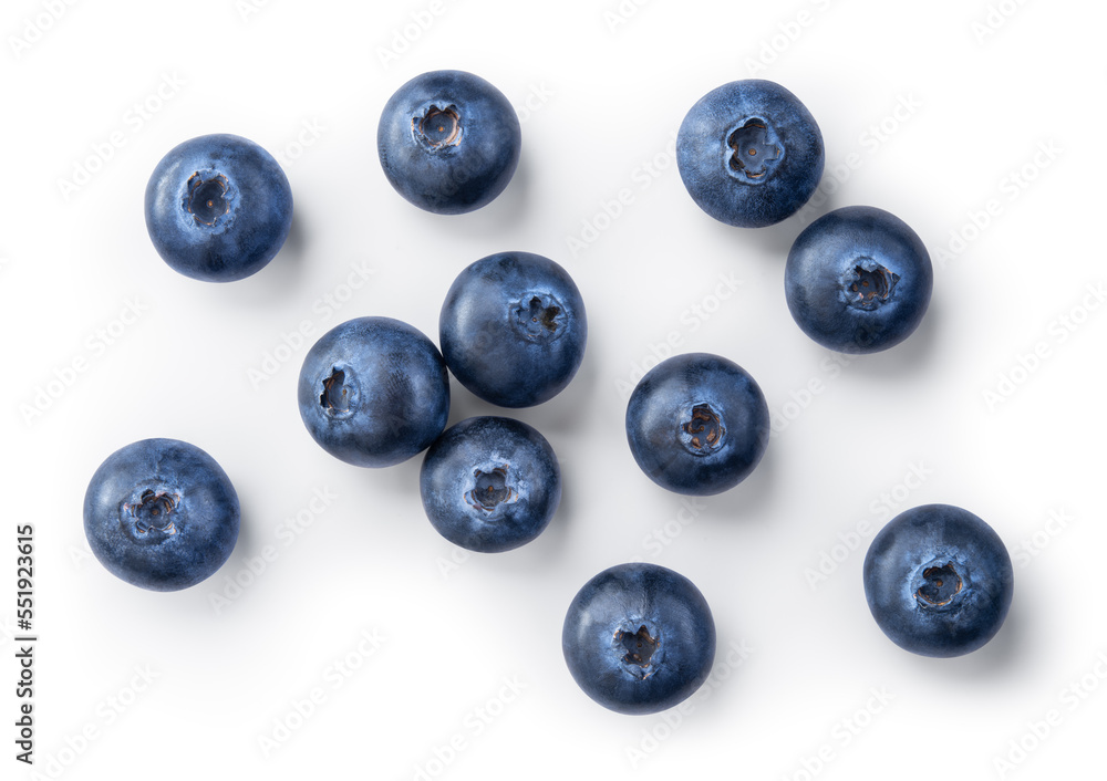 Blueberry isolated. Blueberries top view. Blueberry flat lay on white background with clipping path.