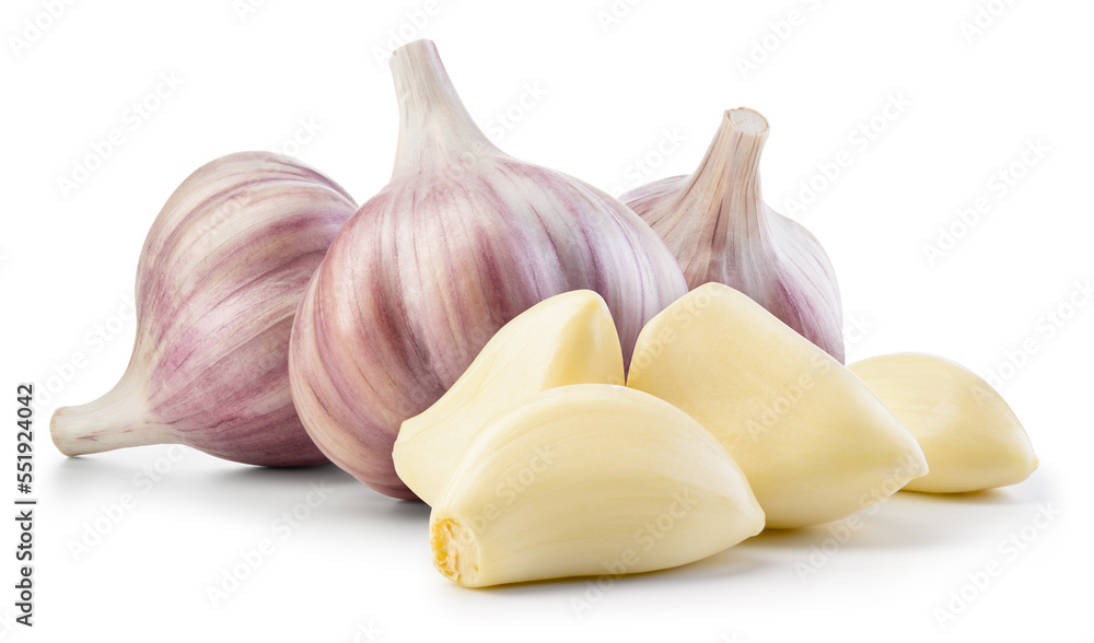 Garlic bulb and clove isolated. Garlic bulbs with cloves on white background. Garlic bulb compositio