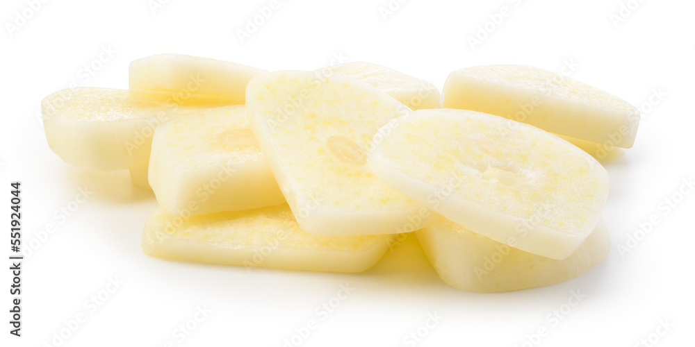 Peeled chopped garlic cloves on white background. Garlic clove isolated. White garlic cloves slice w