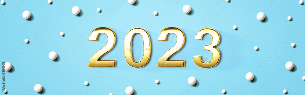 2023 new year theme with white candy dots - flat lay